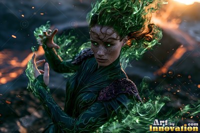 Vine-patterned armor wraps around a woman casting green fire across dark volcanic rock