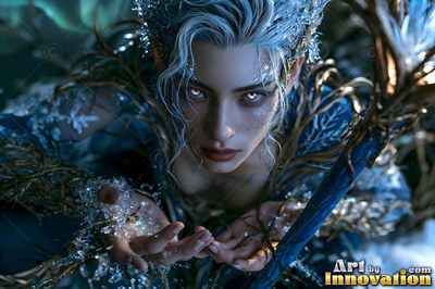 A woman conjures ice from her open palms under pale blue and frosty light