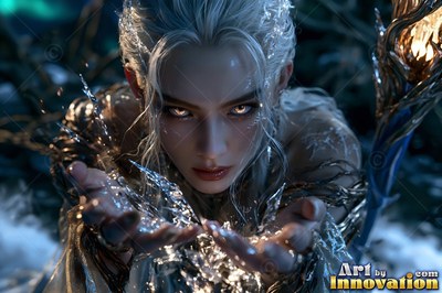 Leaning forward in a dark forest, a pale woman holds ice in her open hands