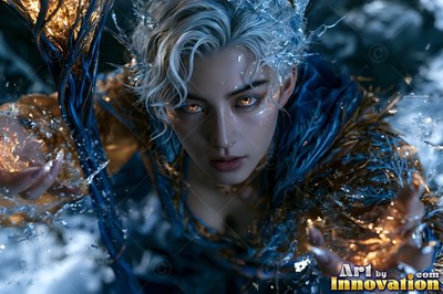 A white-haired woman reaches out with sparks on her hands