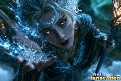 Under green northern lights, a white-haired woman holds bright ice crystals in her hand