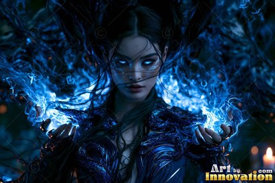 Holding bright blue fire in her hands, a dark-haired woman stares forward with bright eyes