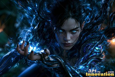 A woman with bright blue eyes casts blue lightning from her open hand