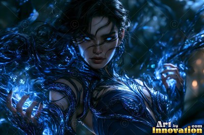 A deep blue bodice covers a woman in a dark forest while blue magic swirls around her hands