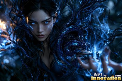 A woman shoots dark blue smoke from her hands, her face lit by pale blue light