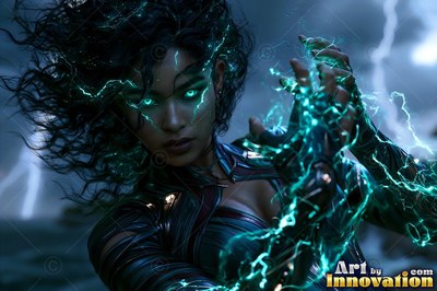 Leaning forward in a dark storm, a woman raises hands crackling with green lightning
