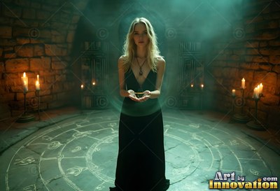 Blonde woman in a black dress standing in a stone chamber