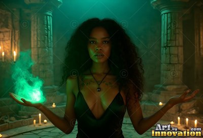 Facing forward, a woman holds green fire in a stone vault
