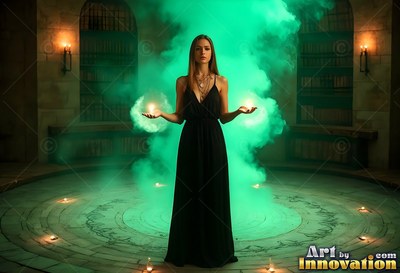 A dark-haired woman in a black dress holds lights in green smoke inside a stone library