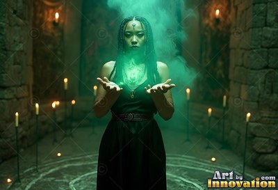 Raising her hands, a woman dressed in a black dress summons green smoke in a stone chamber