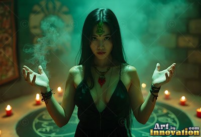Wearing a green forehead jewel, a woman raises hands with smoke in a circle of red candles