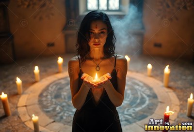 Facing forward in a stone room, a woman cups a flame inside a circle of candles