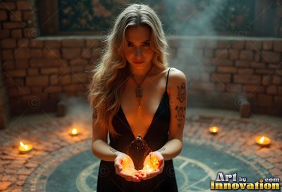 A blonde woman wearing a black dress holds fire in a circle of small candles