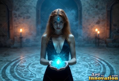 In a rock chamber, a red-haired woman holds bright blue light in her hands