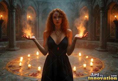 Holding fire in her open hands, a redhead woman stands inside a circle of candles