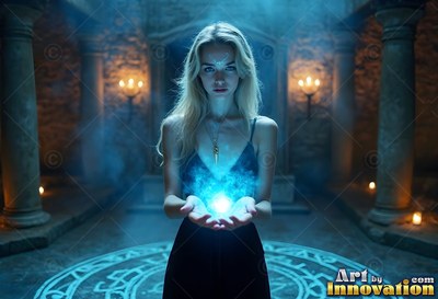 Blonde hair frames a woman holding blue light in a stone hall with pillars