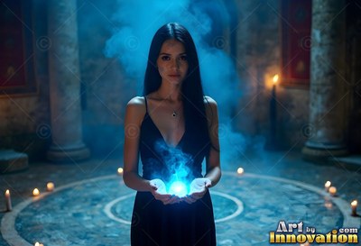 Standing in a stone chamber, a dark-haired woman in a black dress carries blue light in her hands