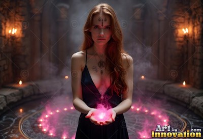 Holding pink smoke in her hands, a red-haired woman stands inside a stone circle