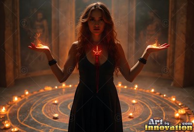 A woman dressed in a dark dress holds fire above a circle of candles