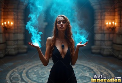 A black plunge dress on a woman holding blue fire in a stone hall with wall candles