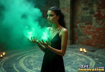 A woman cups green smoke above her hands, lit by soft green light inside a walled stone room