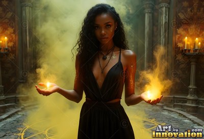 Facing forward, a woman holds yellow fire in a dark hall