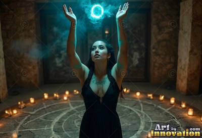 Raising both hands, a dark-haired woman in a black dress conjures a blue circle above candlelit stones