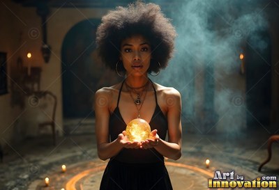 Woman carries a bright yellow sphere inside a candle circle
