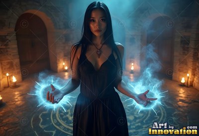 Wearing a black dress, a woman holds blue sparks in a rock chamber lit by candles