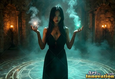 A woman dressed in a black dress raises smoke from her hands inside a rock room lit with teal haze