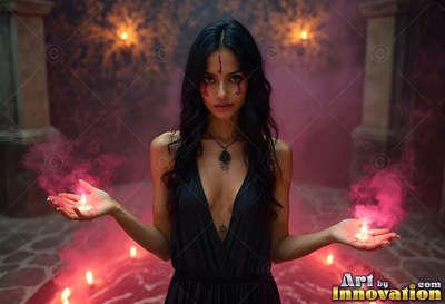 Facing forward, a woman cups pink smoke in a dark candlelit room