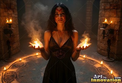 A dark-haired woman wearing a black dress clasps fire in her hands inside a stone room