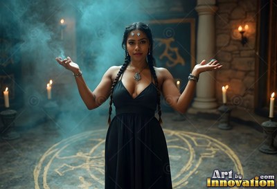 In a stone chamber, a woman raises her hands above a circle in blue smoke