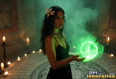 Holding a ball of green smoke, a woman in a black dress stands circled by candles