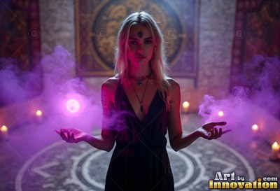 A blonde woman in a dark dress holds purple smoke over a candlelit stone floor circle