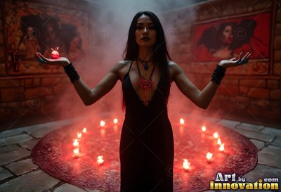 A woman carries out her hands inside a circle of candles lit in reddish smoke