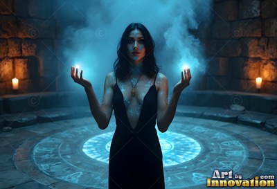 Hands raised, a dark-haired woman stands in a rock chamber over a blue ring
