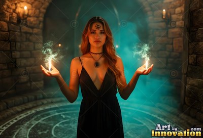 A woman in a dark dress holds green fire in her hands