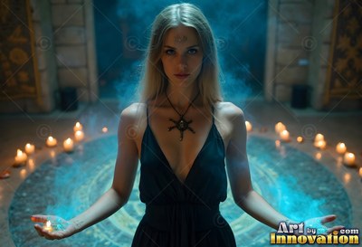 Standing with palms open, a blonde woman in a black dress stands in a candlelit ring