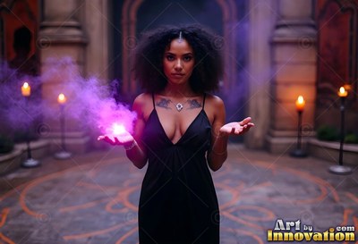 A woman in a black dress holds purple smoke in a candlelit stone courtyard