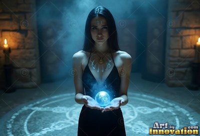 Holding a blue light orb, a dark-haired dark-haired woman in a black dress stands in a stone room
