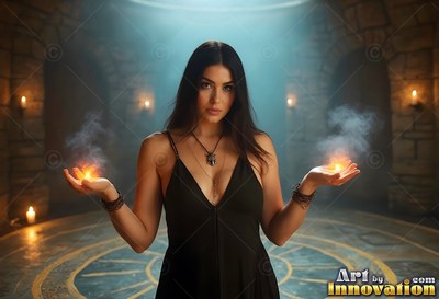 Woman dressed in a dark dress holds fire in her hands inside a stone vault