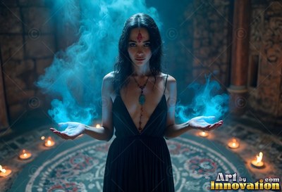 Red forehead marks on a woman holding blue smoke in a candlelit stone hall