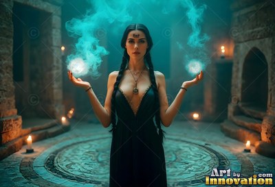 Hands raised in a stone hall, a woman carries blue smoke aloft