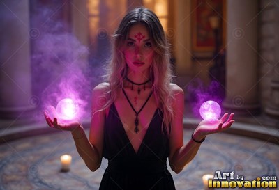Holding purple fire orbs in her hands, a young woman wearing a black dress stands by candles