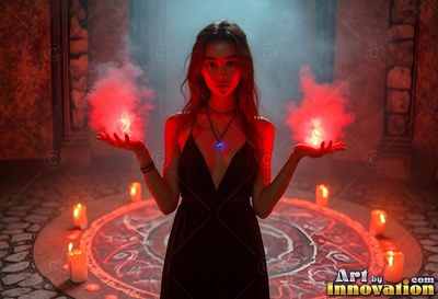 A dark-haired woman in a black dress carries red flames above a candle circle