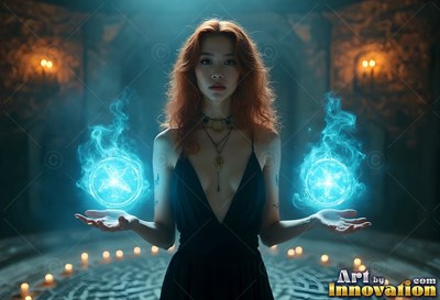 Wearing a black dress in a candlelit stone hall, a red-haired woman holds blue fire in her hands