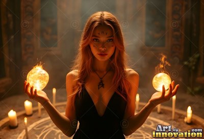 A woman holds two balls of fire in her hands inside a circle of warm candlelight