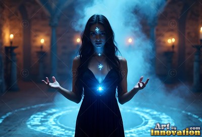 Facing forward, a woman stands in a smoky stone hall over blue light rings
