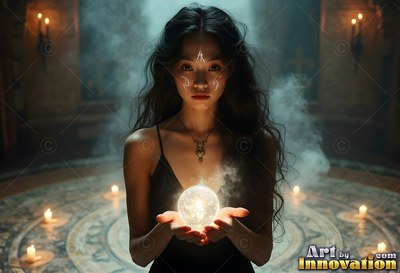 A dark-haired woman carries a bright smoky orb inside a candle circle